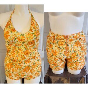 Vtg Catalina 3-Piece Swimsuit Cropped Tank High Waisted Bottoms Coverup Shorts L